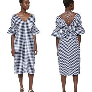 Stelen Harlow Gingham Midi Dress Women's XS Navy White Puff Sleeve Preppy Party